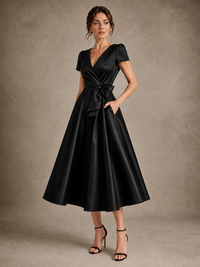 V-Neck Tea-Length Satin Mother of the Bride Dress with Bow