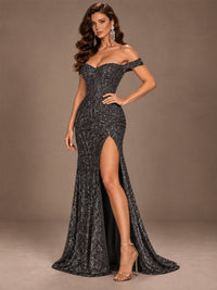 Off the Shoulder Corset Sequin Mermaid Prom Dress with Slit
