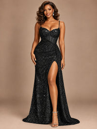Burgundy Sequin Corset Prom Dress with High Slit