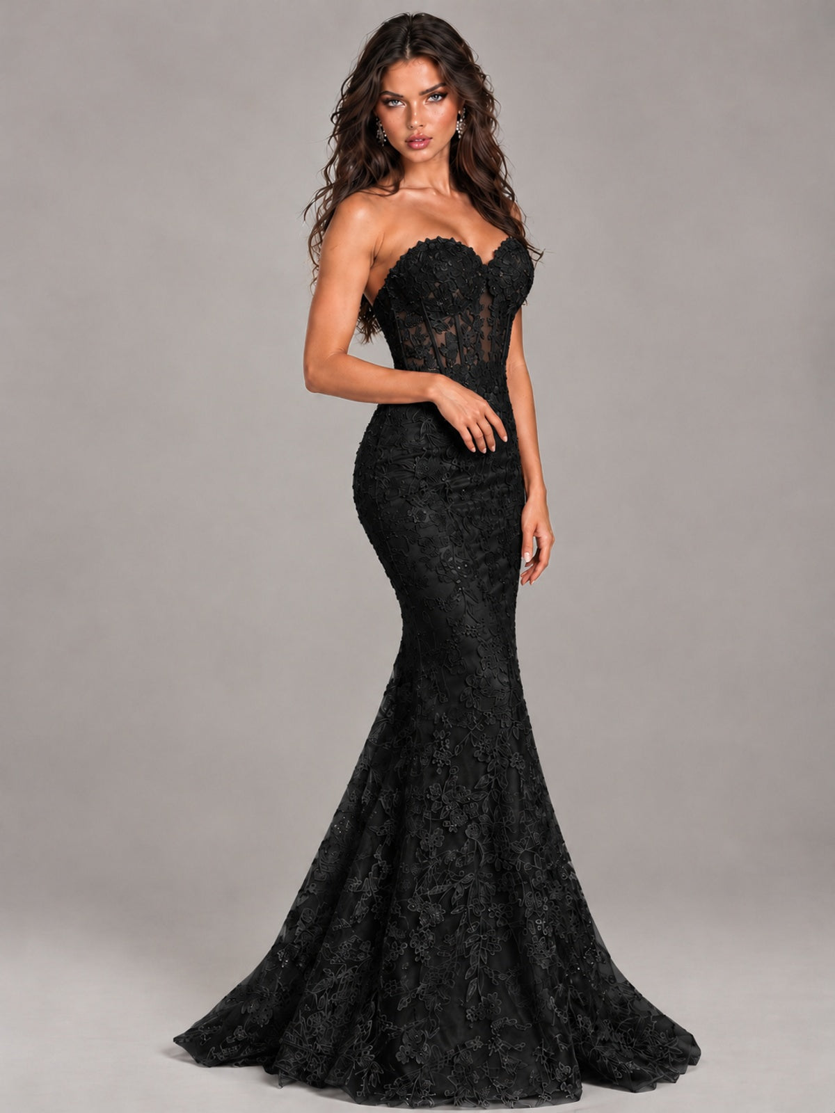 Strapless Corset Mermaid Prom Dress Lace Appliqué Formal Gown