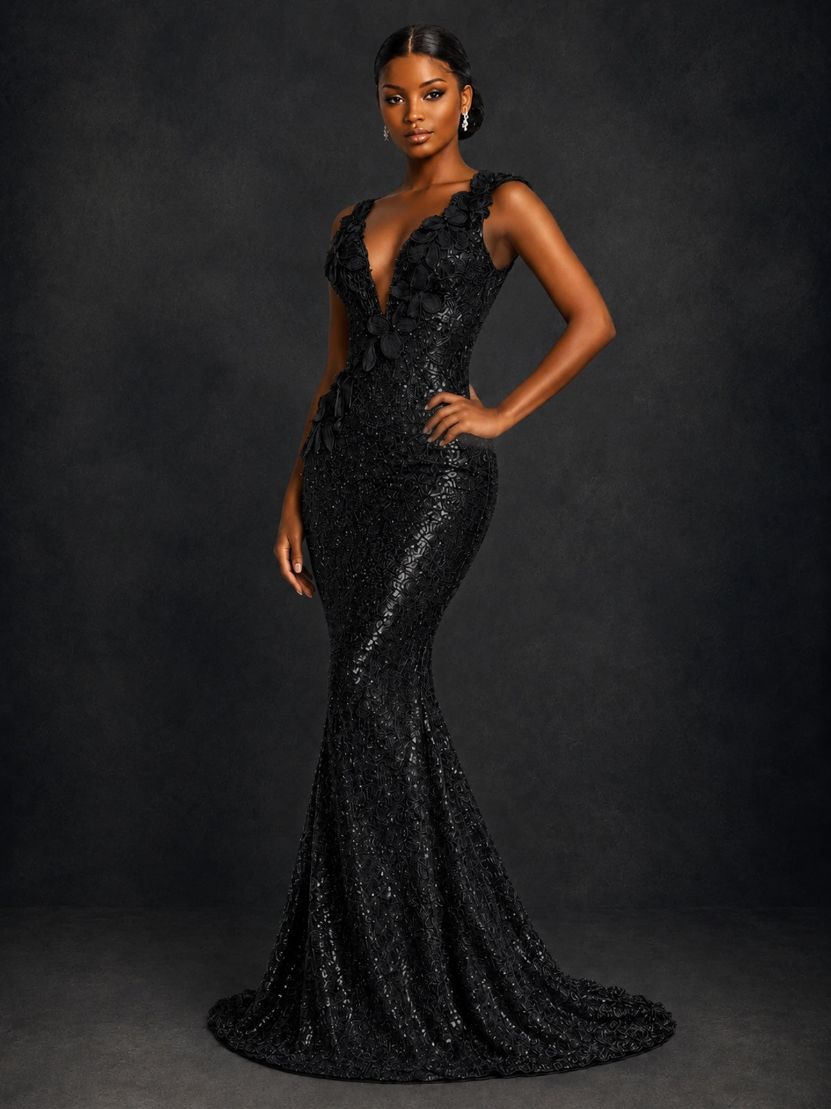 Gold Sequin Floral Applique Mermaid Prom Dress