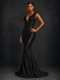 Gold Sequin Floral Applique Mermaid Prom Dress