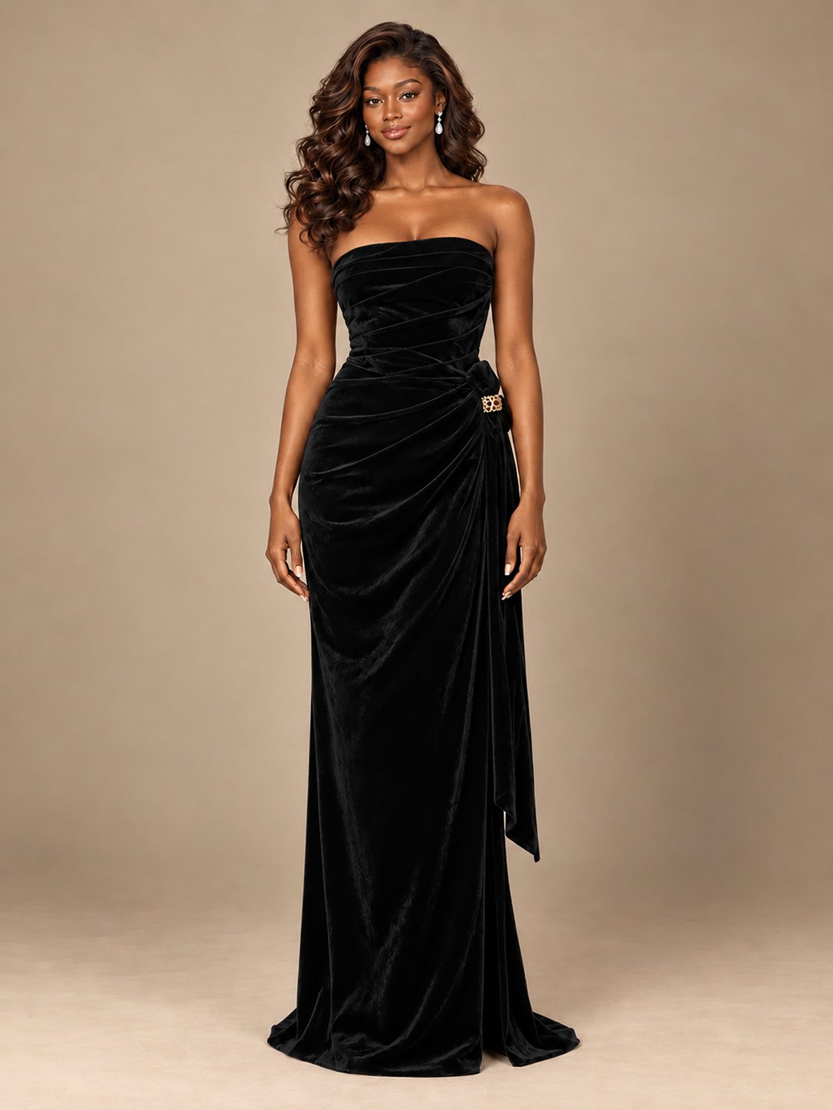Burgundy Velvet Strapless Ruched Prom Dress with Jeweled Side Drape