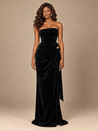 Burgundy Velvet Strapless Ruched Prom Dress with Jeweled Side Drape