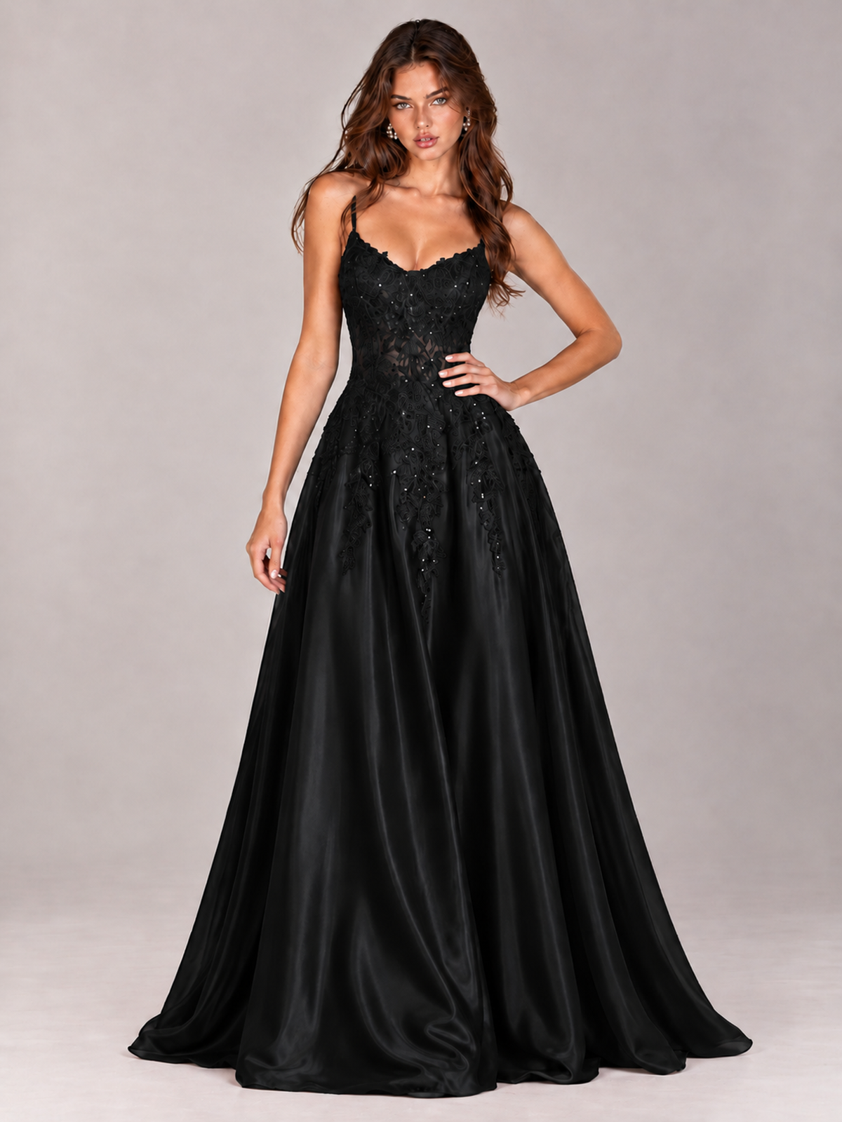 Lace Applique Satin A-Line Prom Dress with Sheer Bodice
