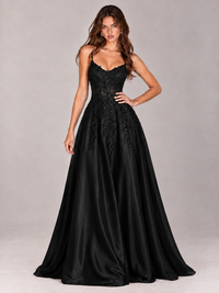 Lace Applique Satin A-Line Prom Dress with Sheer Bodice