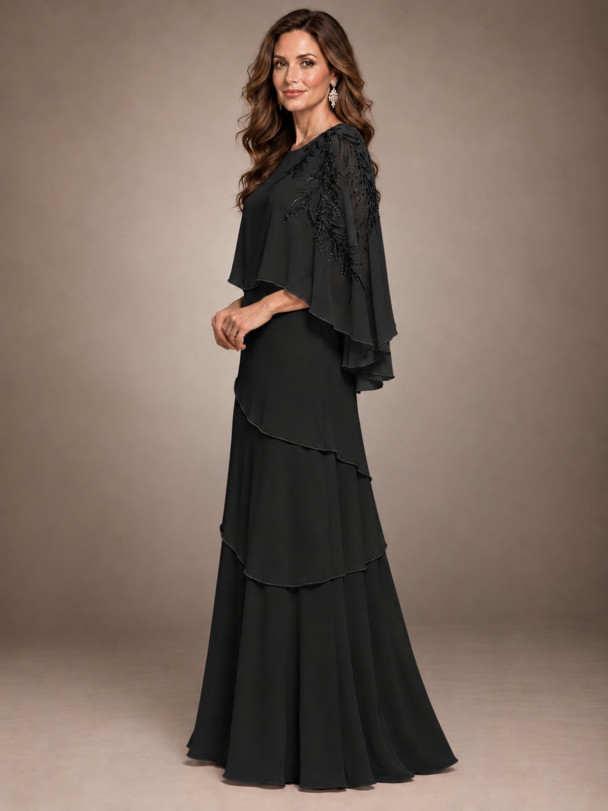 Elegant Chiffon Cape Sleeve Beaded Mother of the Bride Dress