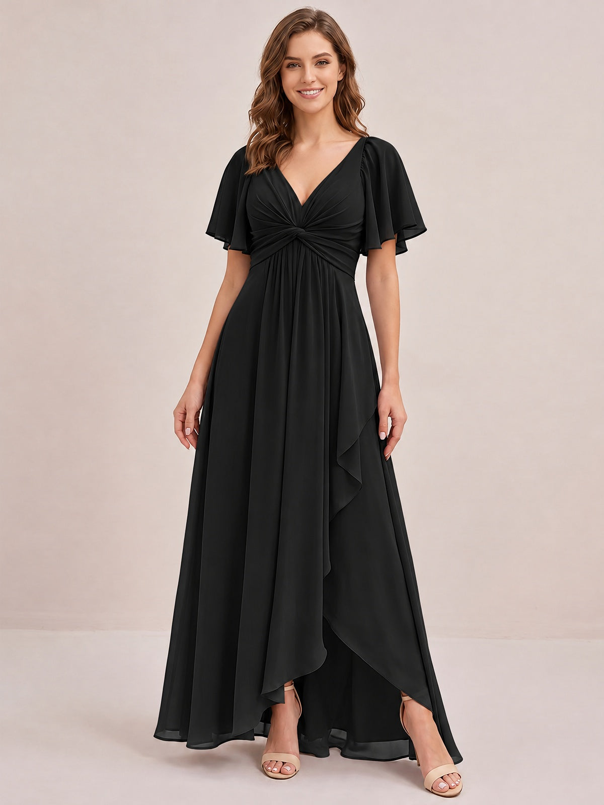 Dusty Blue Chiffon Bridesmaid Dress with Flutter Sleeves & High-Low Hem