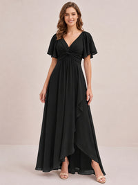 Dusty Blue Chiffon Bridesmaid Dress with Flutter Sleeves & High-Low Hem