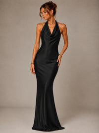 Olive Green Halter Satin Mermaid Maxi Dress