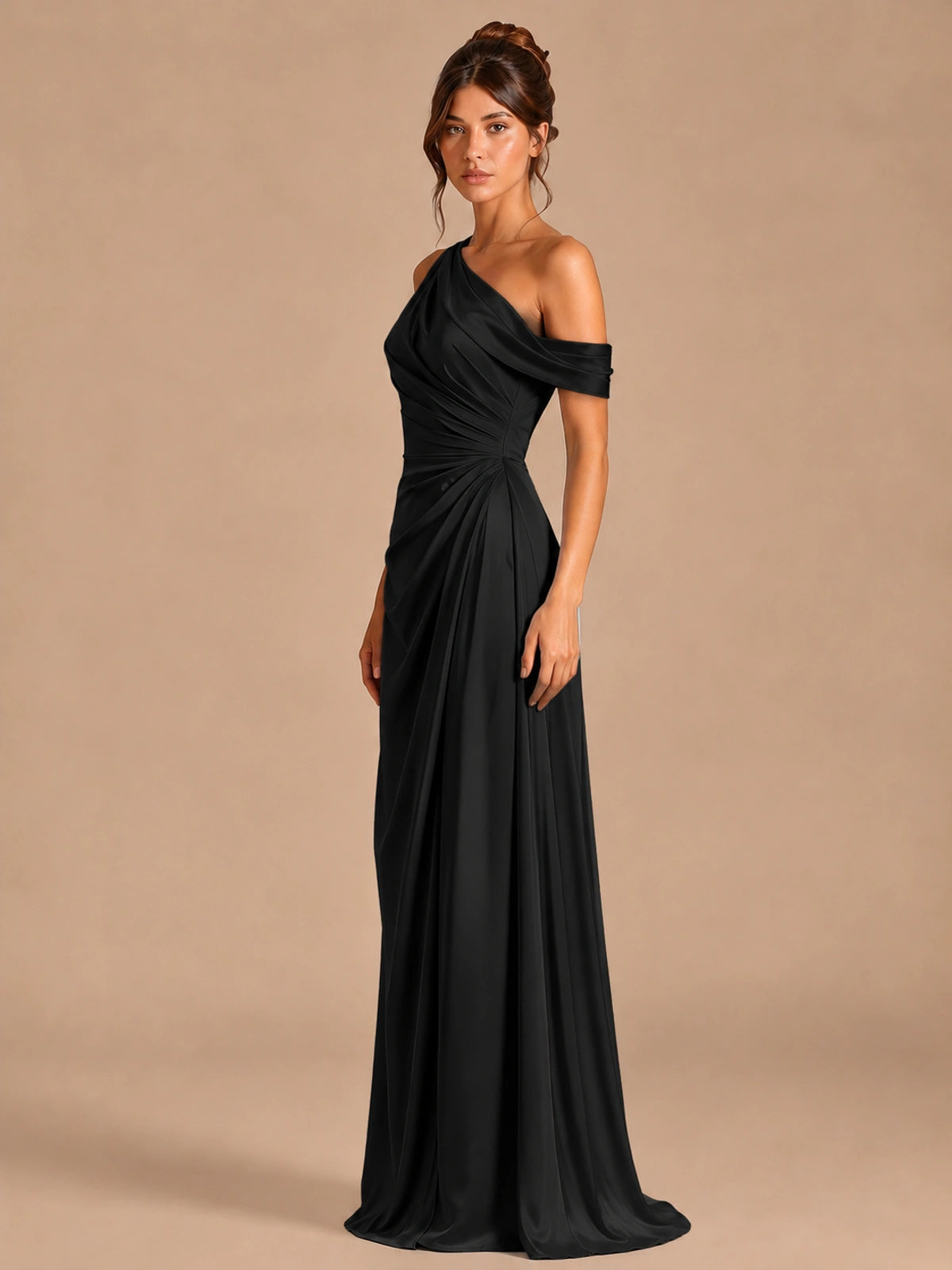 Satin One Shoulder Prom Dress Ruched Long Formal Evening Gown