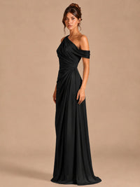 Satin One Shoulder Prom Dress Ruched Long Formal Evening Gown