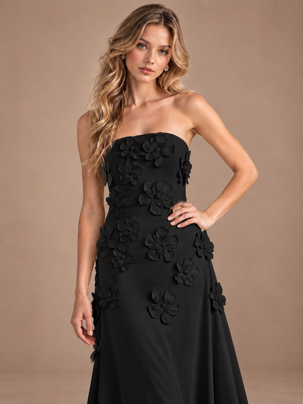 Yellow Strapless A-line Satin Maxi Dress with 3D Floral