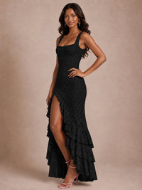 Square-Neck Lace Ruffle High-Low Maxi Dress