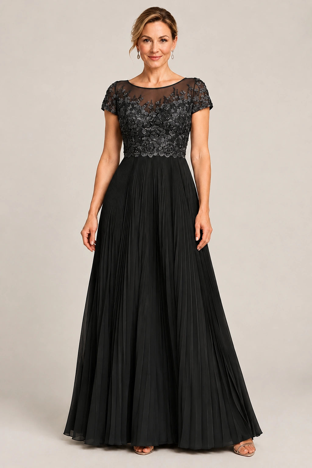 Embroidered Lace Pleated Mother of the Bride Dress