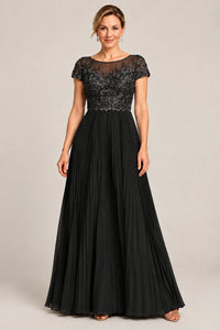 Embroidered Lace Pleated Mother of the Bride Dress
