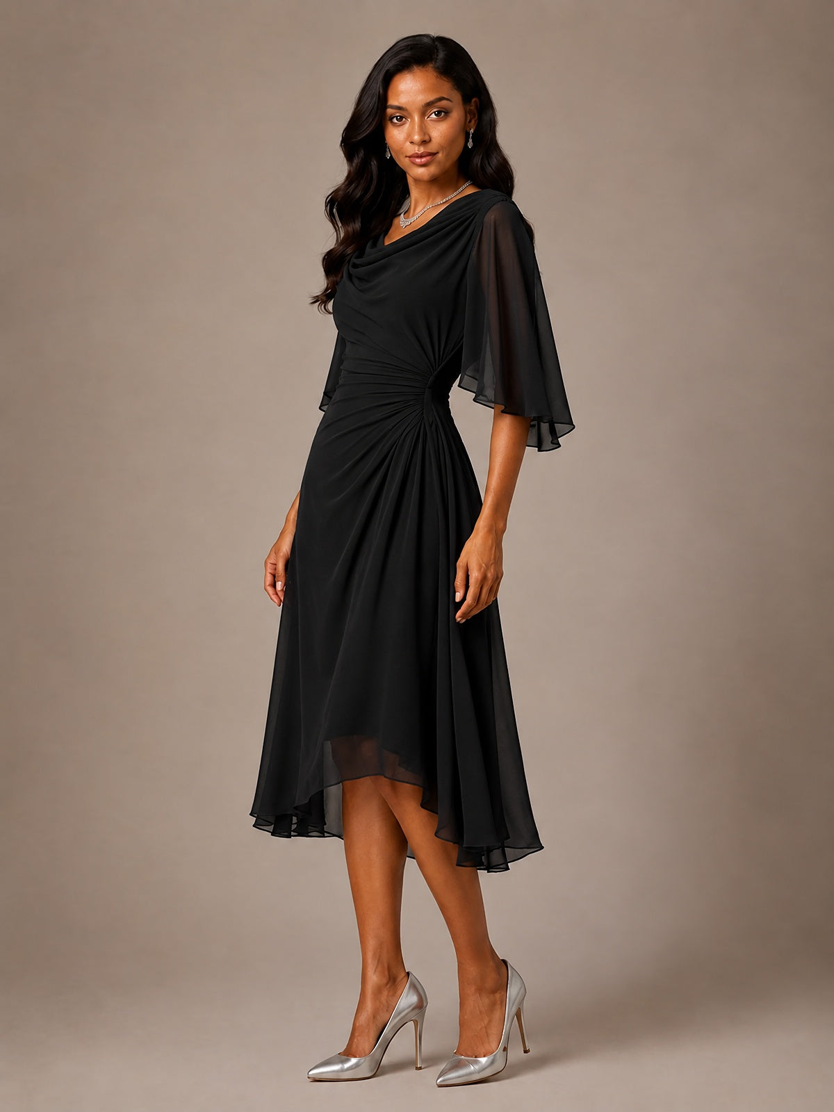 Cowl Neck Ruched Chiffon Mother of the Bride Dresses with Flutter Sleeves