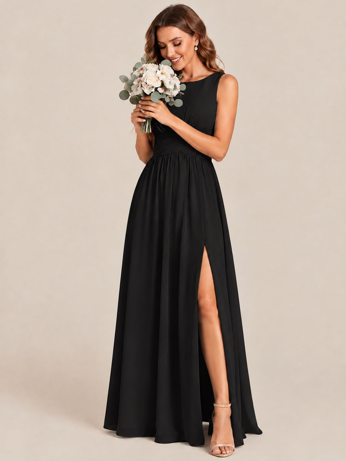 A-line Sleeveless Rucehd Chiffon Bridesmaid Dress with High Slit