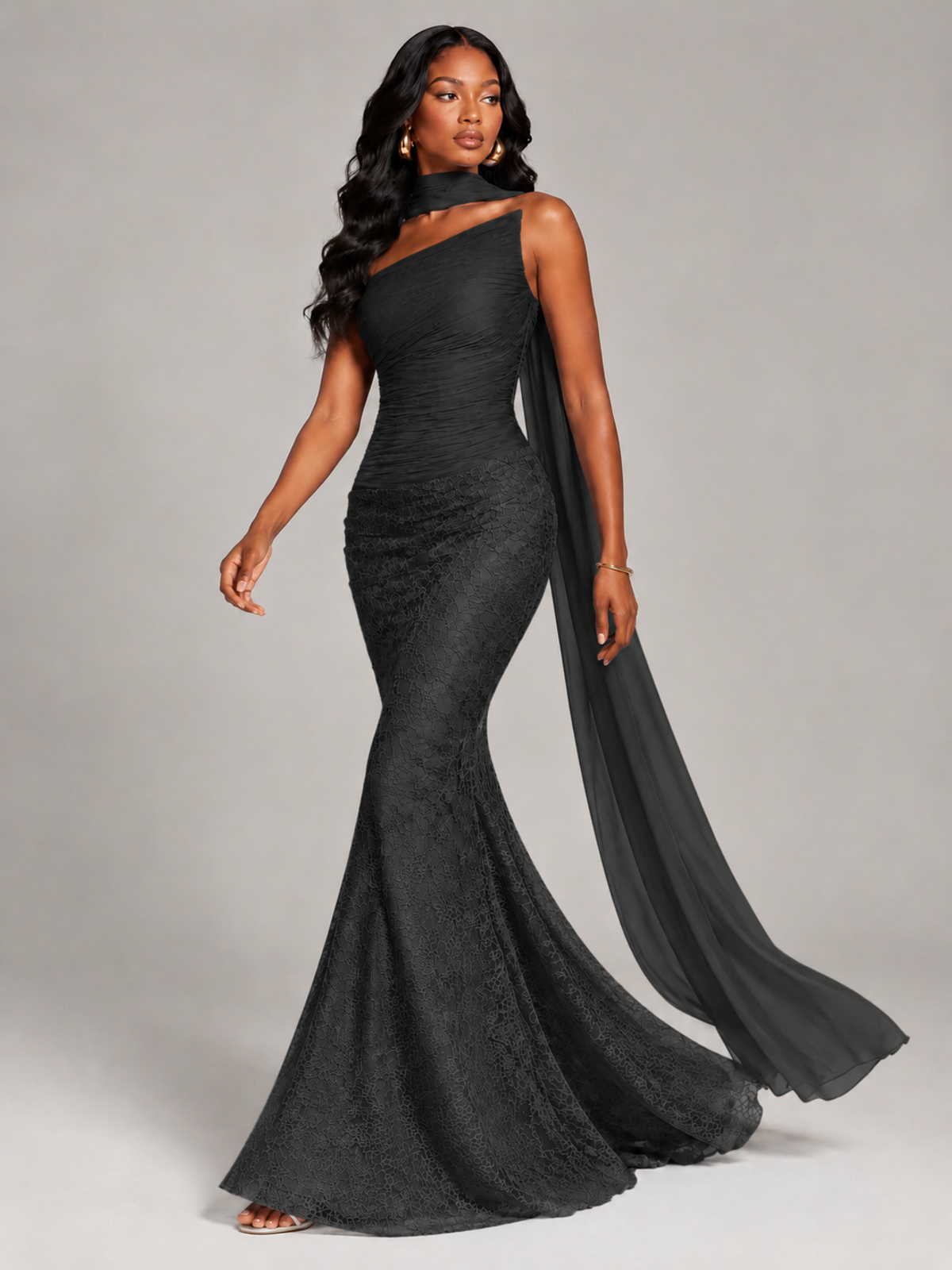 Pleated Chiffon Lace Prom Dresses Long Bodycon Mermaid with Scarf