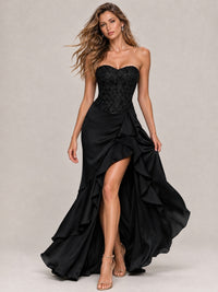 Strapless Lace Appliques Corset Satin Prom Dress Ruffle Slit Evening Gown