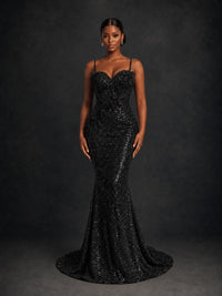 Sequin Mermaid Prom Dress with Floral Applique