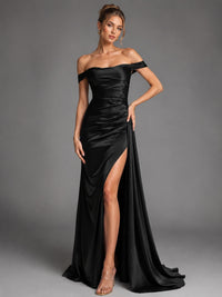 Off Shoulder Satin Maxi Dress with Slit