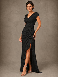 V-Neck Floral Jacquard Mother of the Bride Dress with Slit