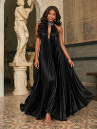 Rust Orange Pleated Halter Neck Maxi Dress
