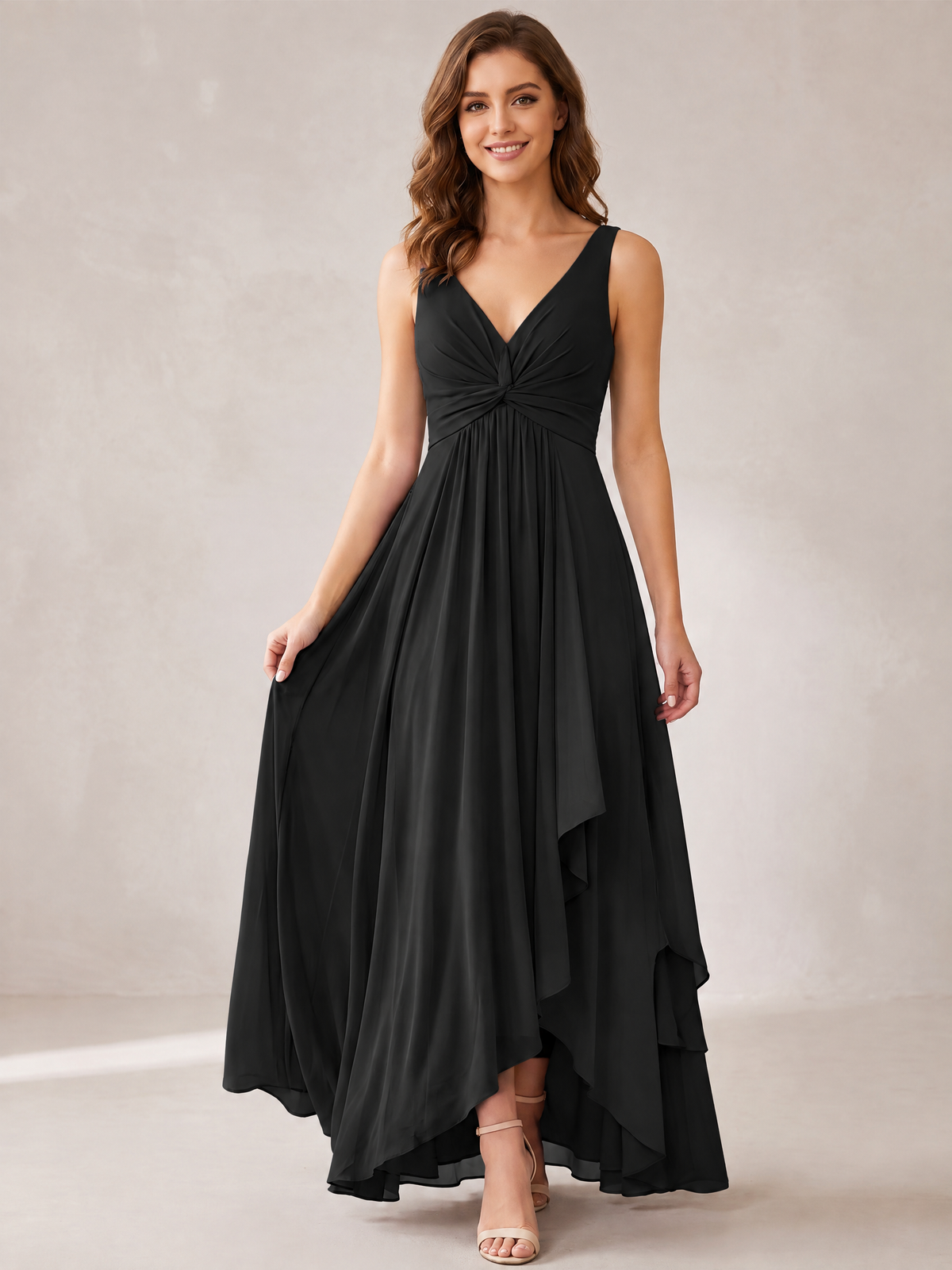 V-Neck High-Low Chiffon Bridesmaid Dress with Ruffles
