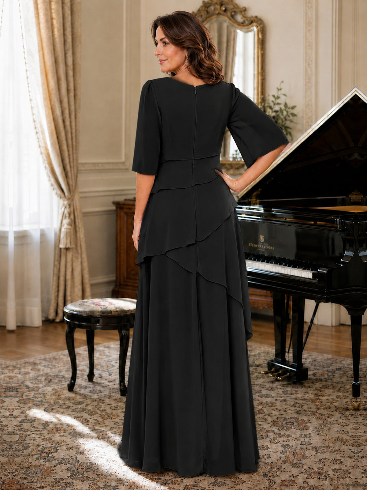 Asymmetric Draped Chiffon Mother of the Bride Dress with Flutter Sleeves
