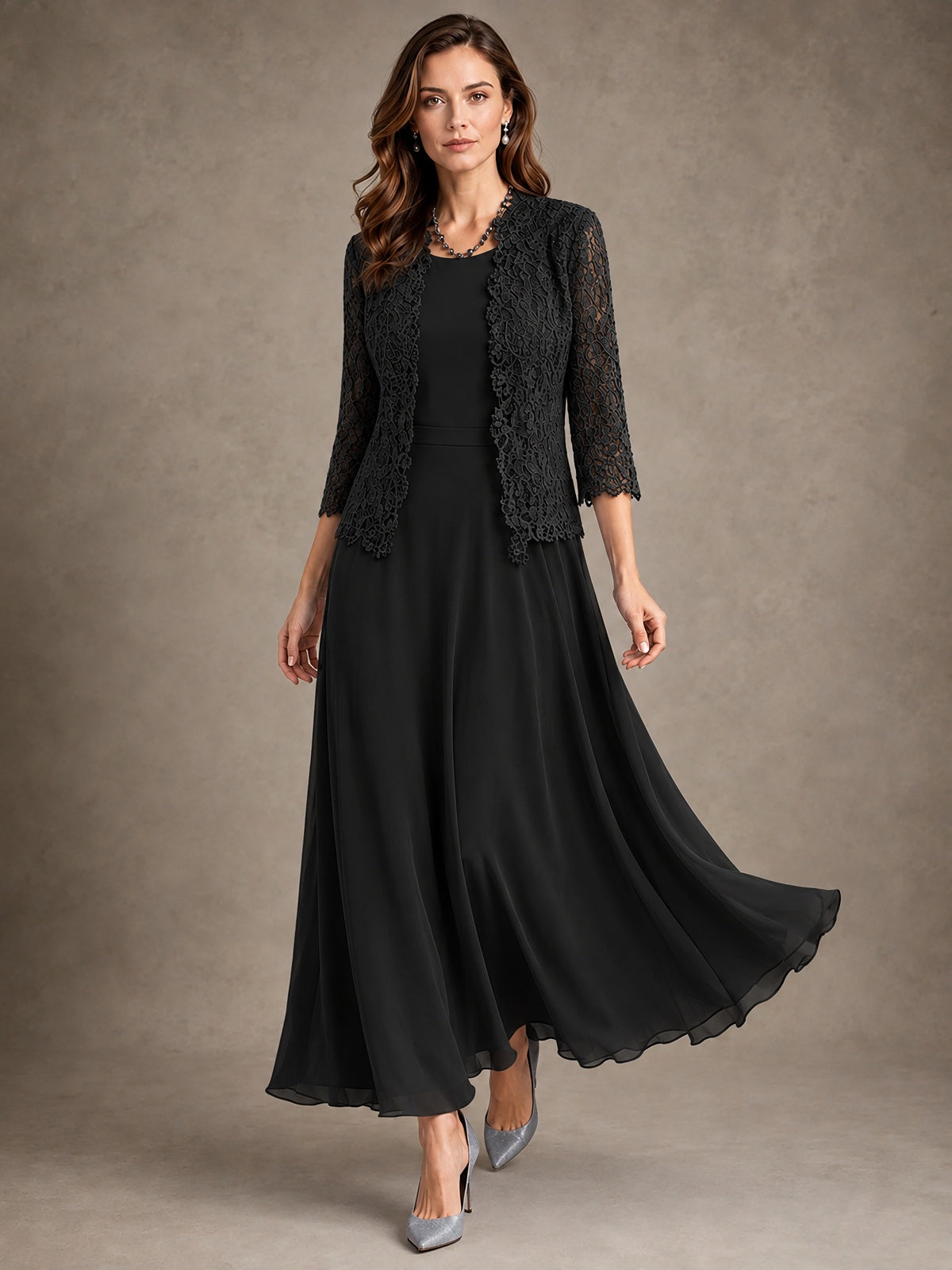 2-Piece Chiffon Mother of the Bride Dress with Lace Jacket