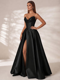 Strapless Corset Satin Prom Dress Long Evening Gown with High Slit