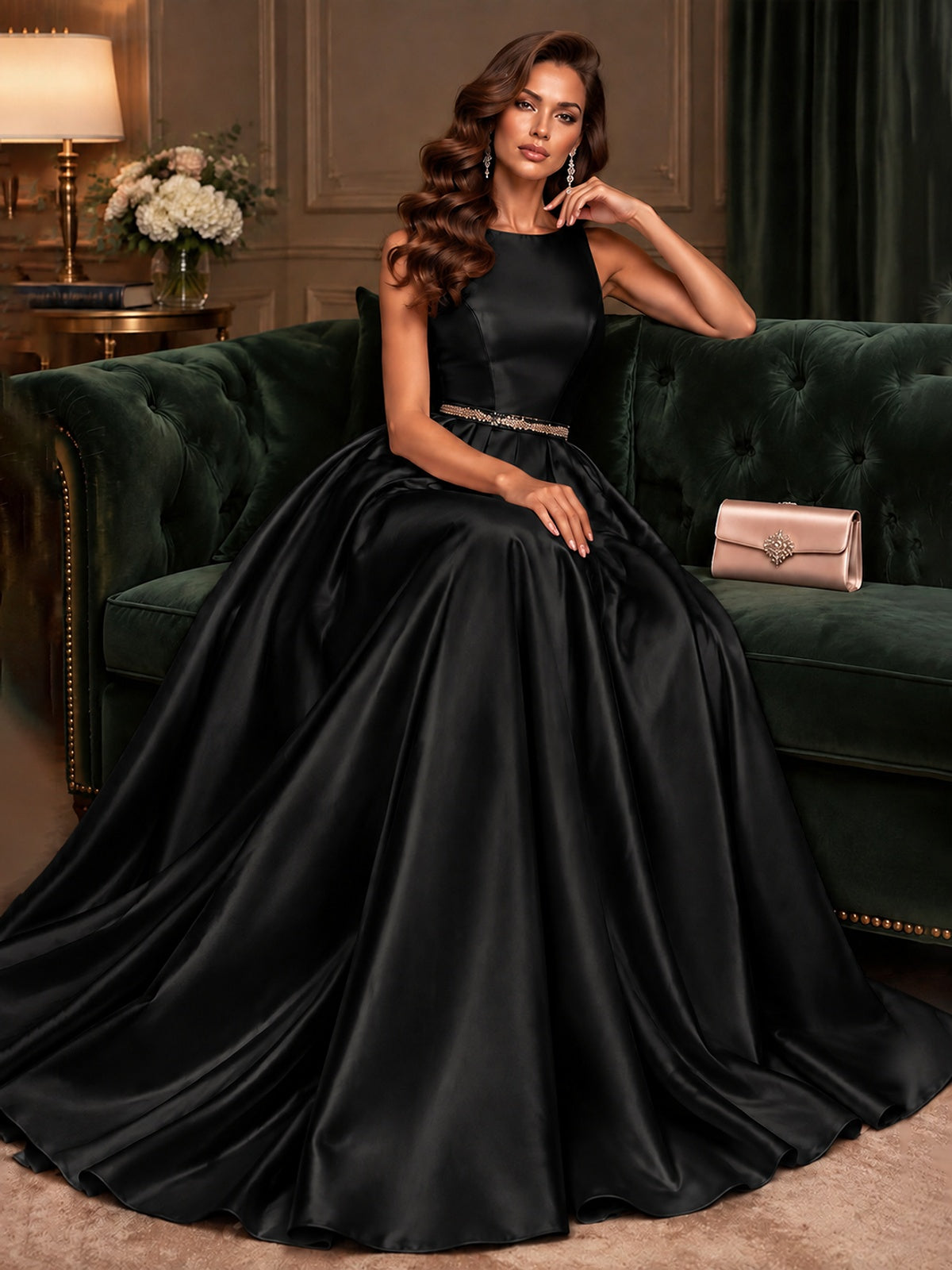 Satin A-Line Prom Dress Sleeveless Beaded Waist Formal Gown with Pockets