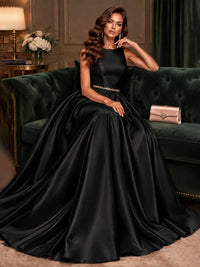 Satin A-Line Prom Dress Sleeveless Beaded Waist Formal Gown with Pockets