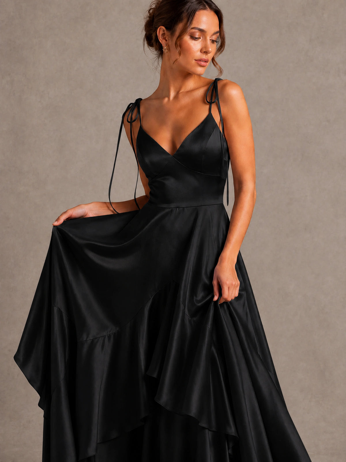 Lavender Satin V-Neck Ruffle Maxi Dress