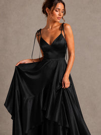 Lavender Satin V-Neck Ruffle Maxi Dress