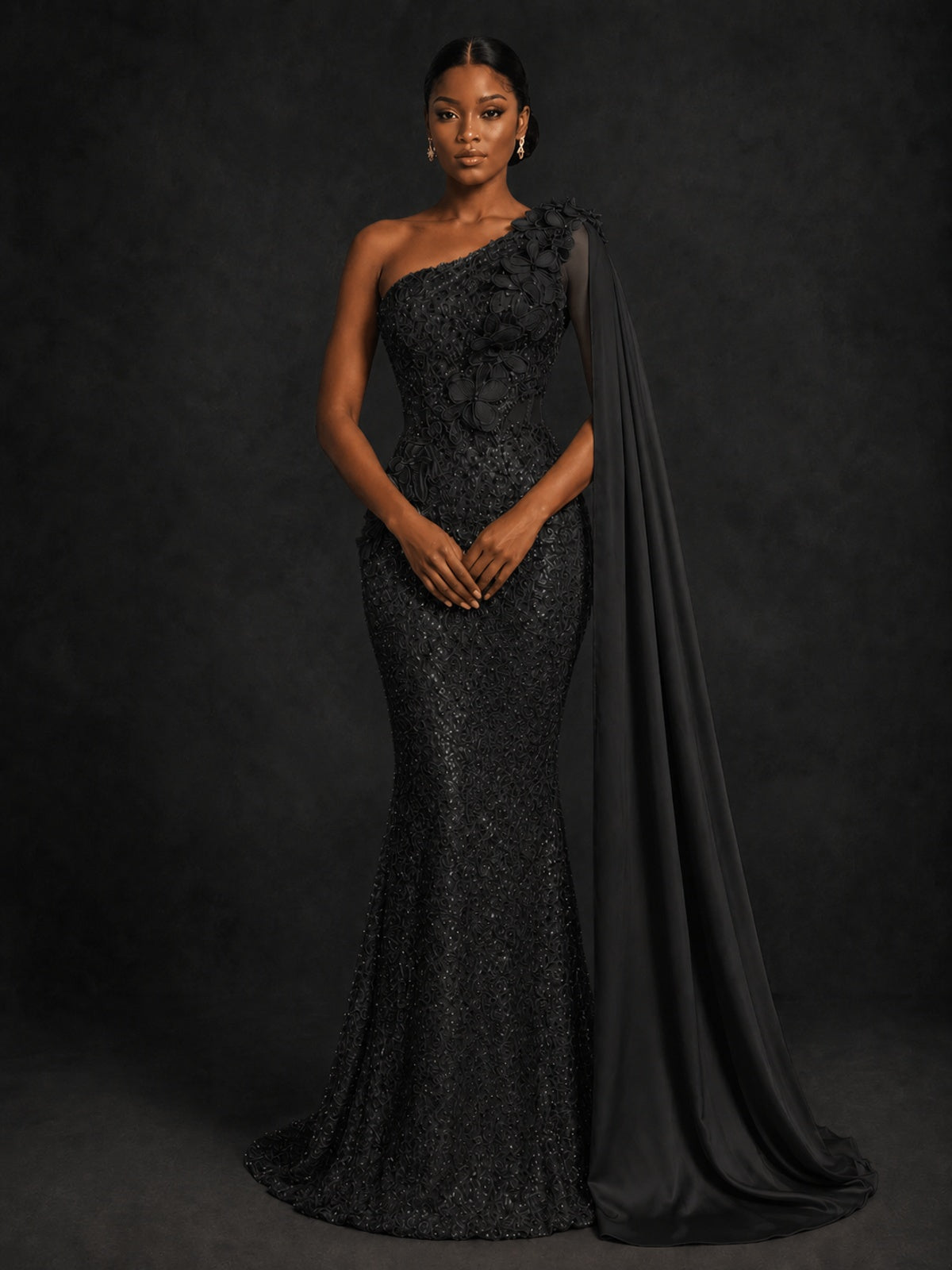 Gold Sequin One Shoulder Mermaid Prom Dress with Cape