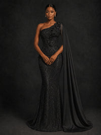 Gold Sequin One Shoulder Mermaid Prom Dress with Cape