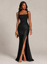 Scoop Neck Sequin Prom Dress with High Slit Satin Formal Gowns