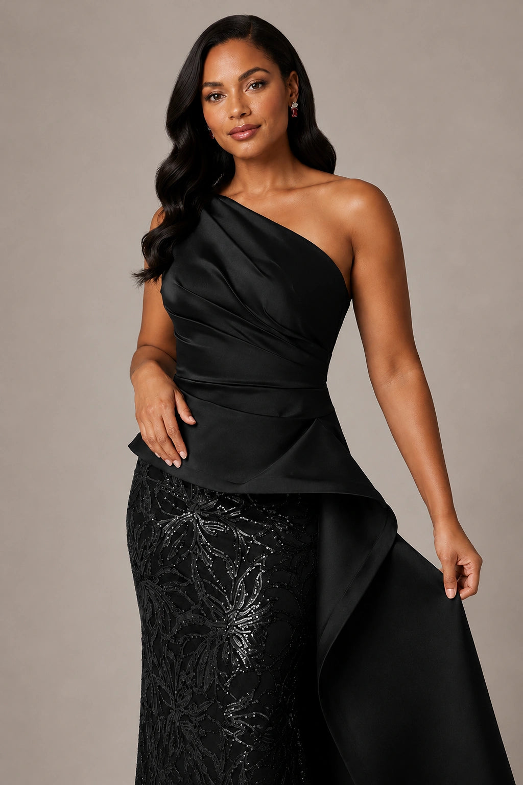 One-Shoulder Mother of the Bride Dress with Sequin Skirt and Peplum