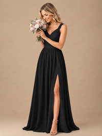 Pleated Chiffon V Neck Wedding Bridesmaid Dresses Floor Length with Slit