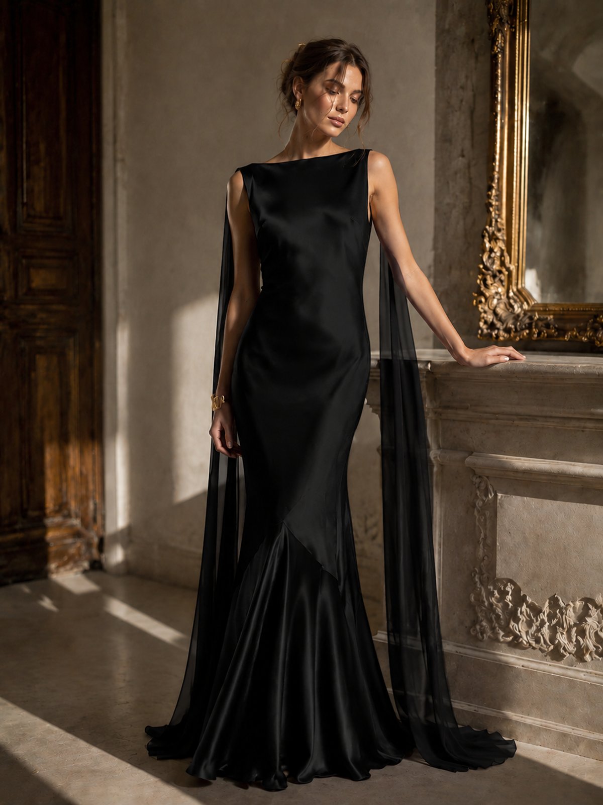 Burgundy Satin Mermaid Cape Maxi Dress