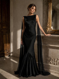 Burgundy Satin Mermaid Cape Maxi Dress