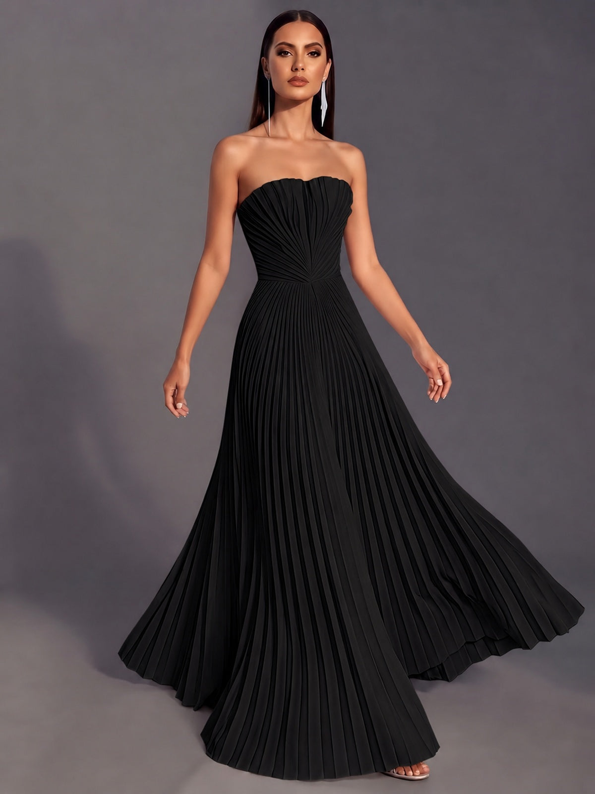 Strapless A-line Long Pleated Satin Prom Dress