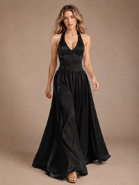 Pink V Neck Halter Satin Maxi Dress