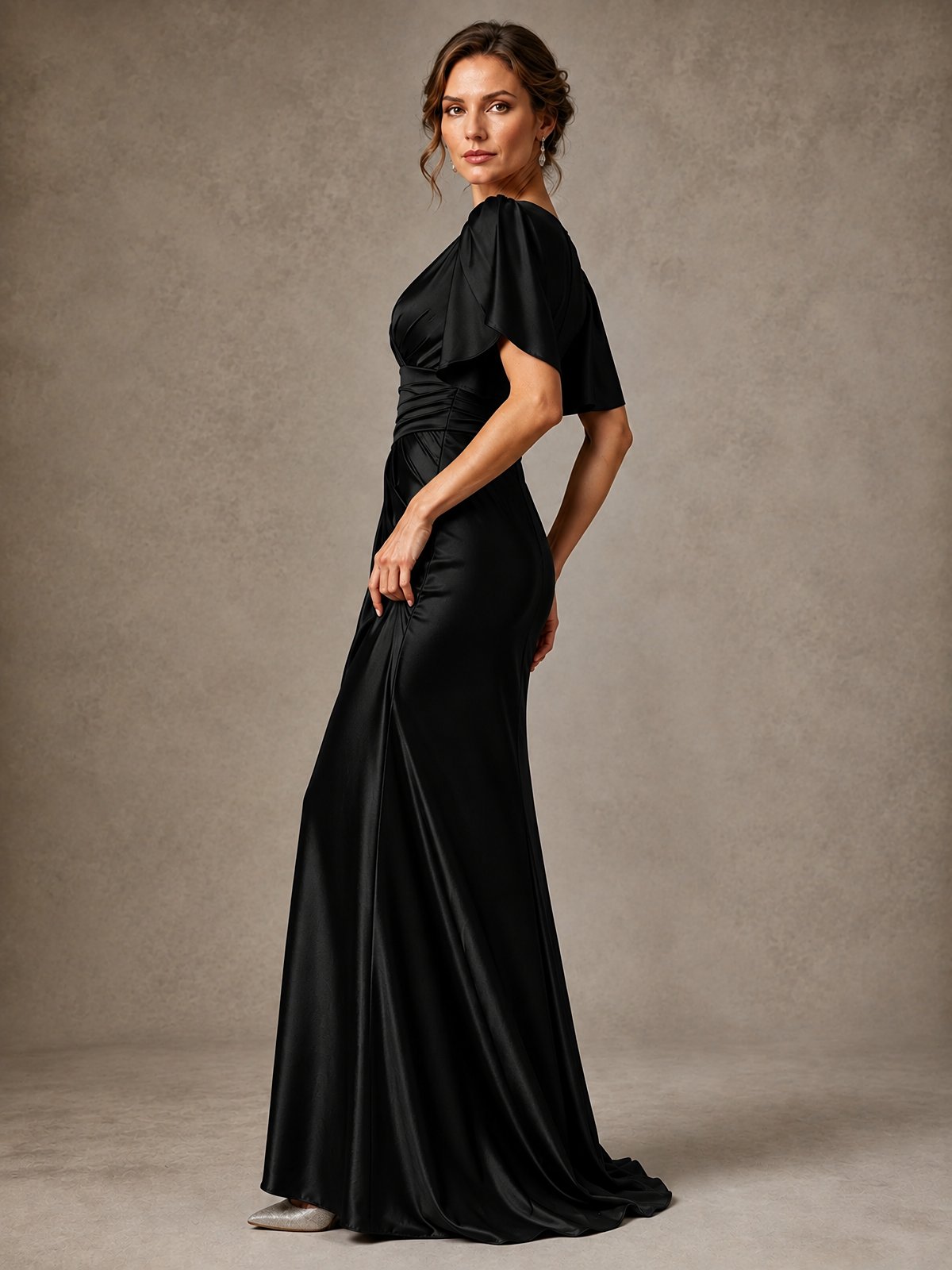 V-Neck Satin Mother of the Bride Dress with Flutter Sleeves