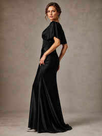 V-Neck Satin Mother of the Bride Dress with Flutter Sleeves
