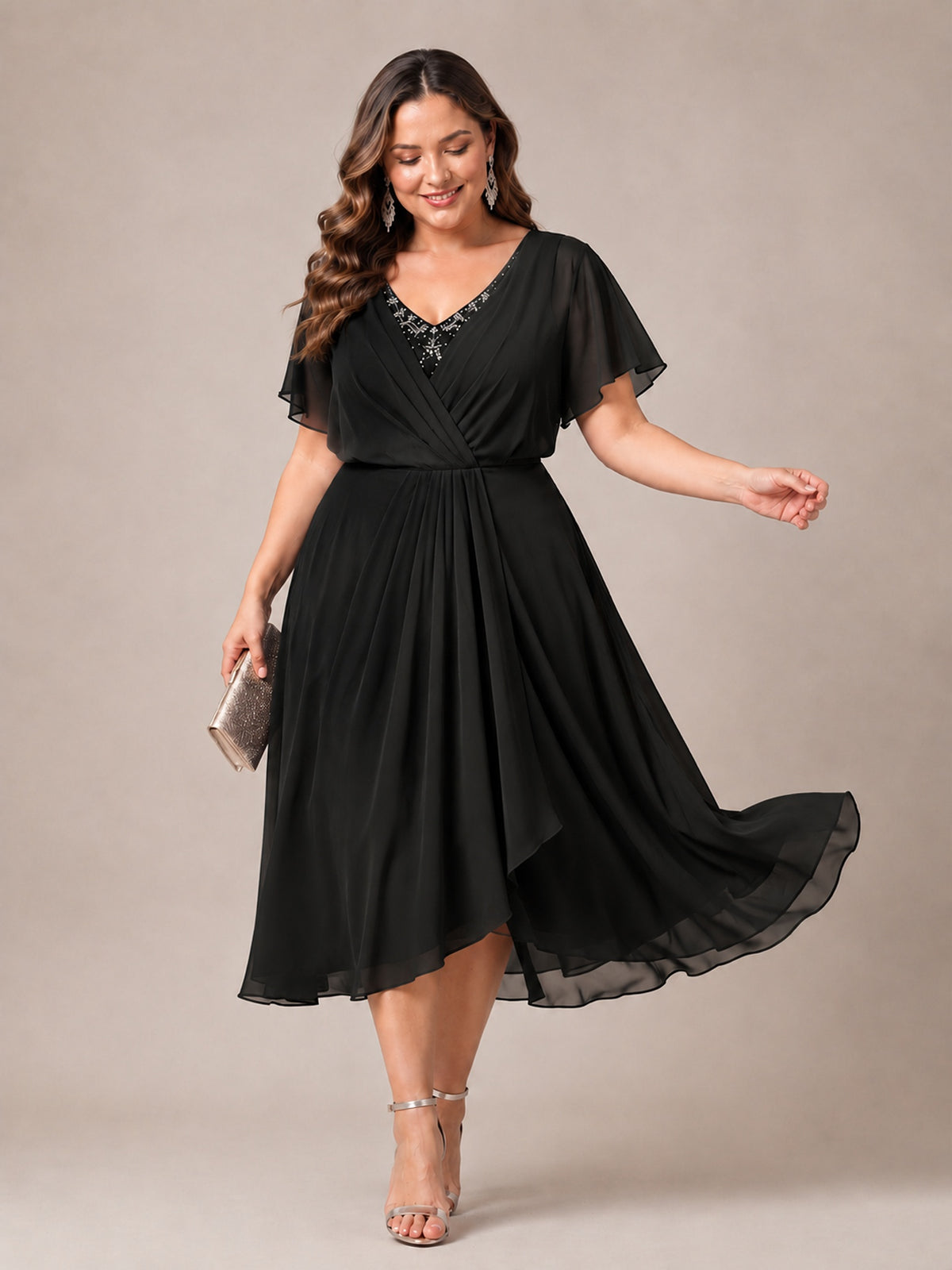 Navy Blue A-Line V-Neck Tea-Length Mother of the Bride Dress