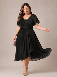 Navy Blue A-Line V-Neck Tea-Length Mother of the Bride Dress