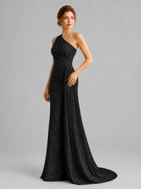 One-Shoulder Ruched Floral Lace Floor-Length Prom Dress